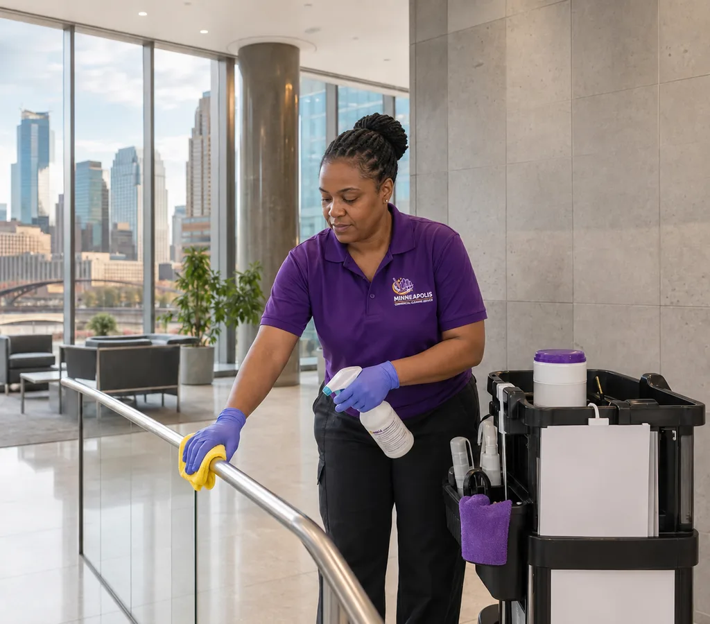 Uniformed commercial cleaner disinfecting high-touch lobby surfaces in a Minneapolis office building