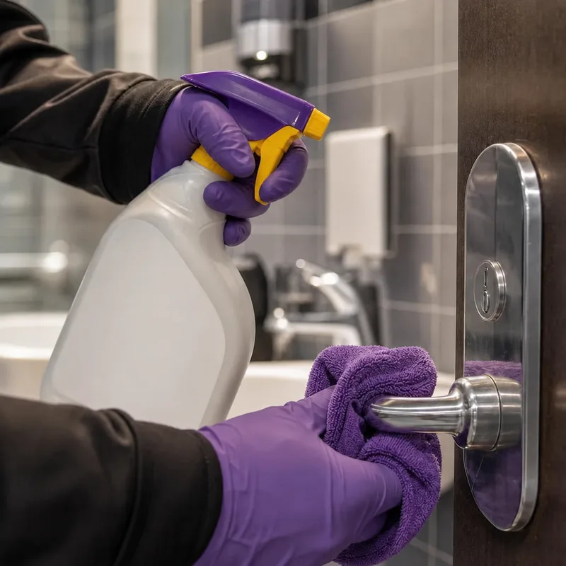 Cleaner performing detailed deep cleaning of high surfaces in a Minneapolis office