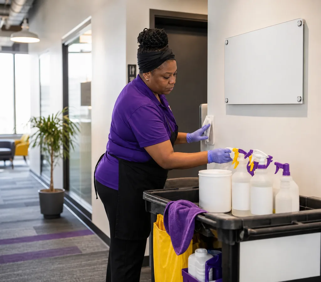 Janitorial team member restocking supplies and wiping touchpoints in a modern Minneapolis office corridor
