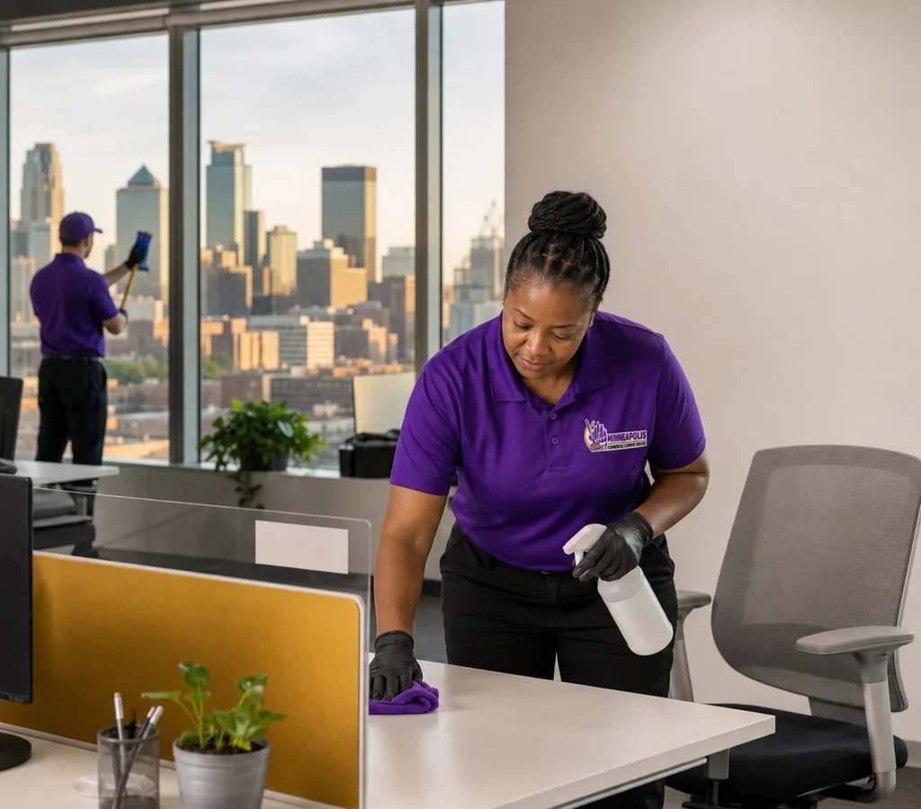 Cleaner sanitizing shared desks and high-touch surfaces in a modern Minneapolis office