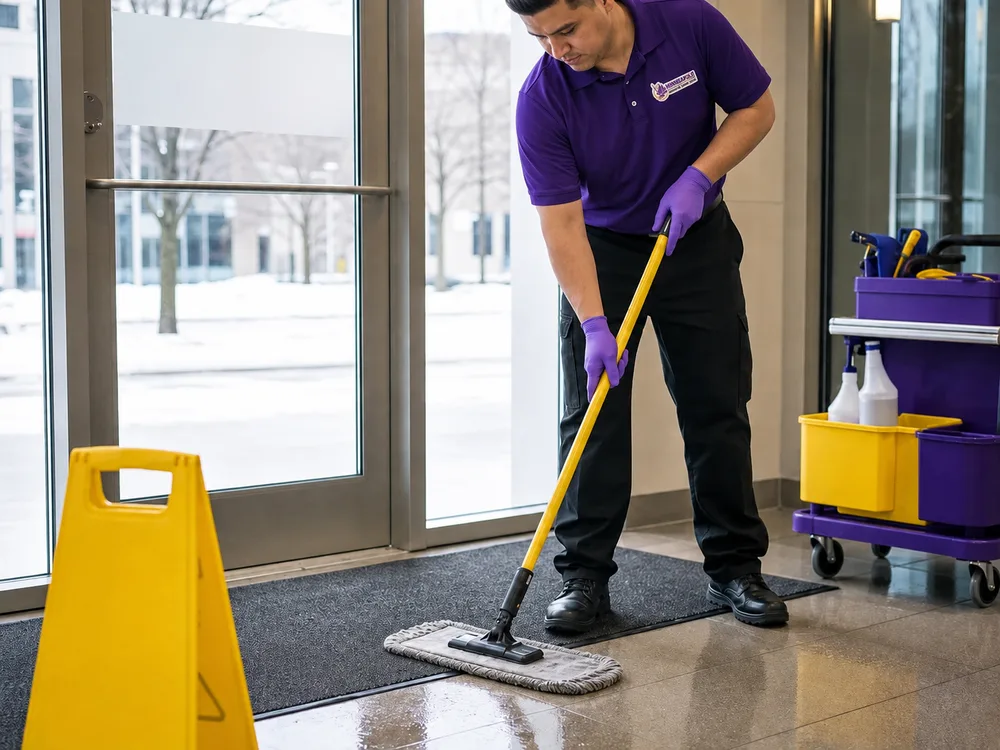 Cleaner removing winter salt residue from an office lobby entryway in Minneapolis