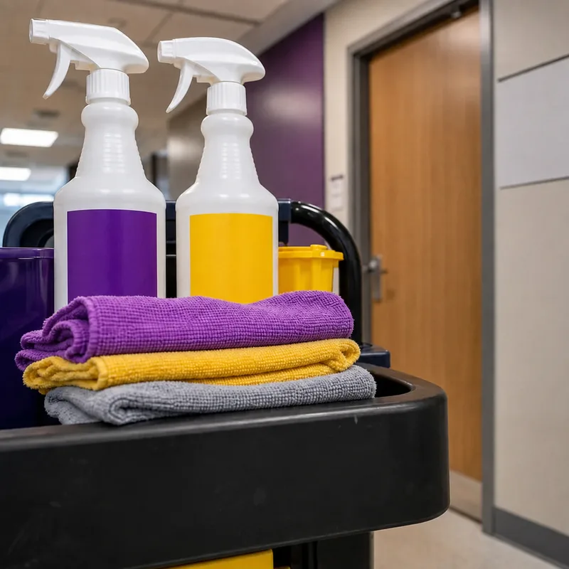 Color-coded microfiber cloths and labeled spray bottles on a janitorial cart outside a clinic hallway