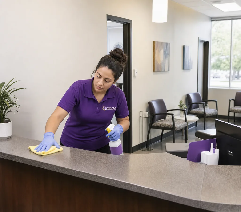 Professional cleaner wiping down a clinic reception counter and check-in area with a tidy waiting room in the background