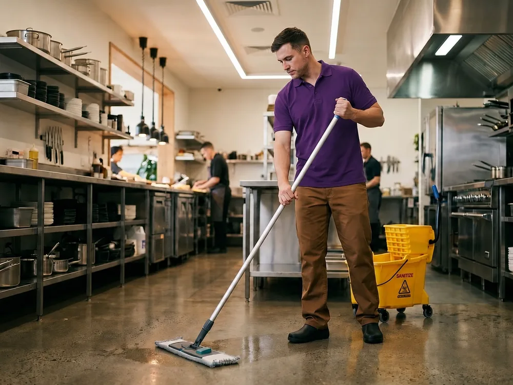 Commercial cleaner mopping a restaurant kitchen floor in Minneapolis